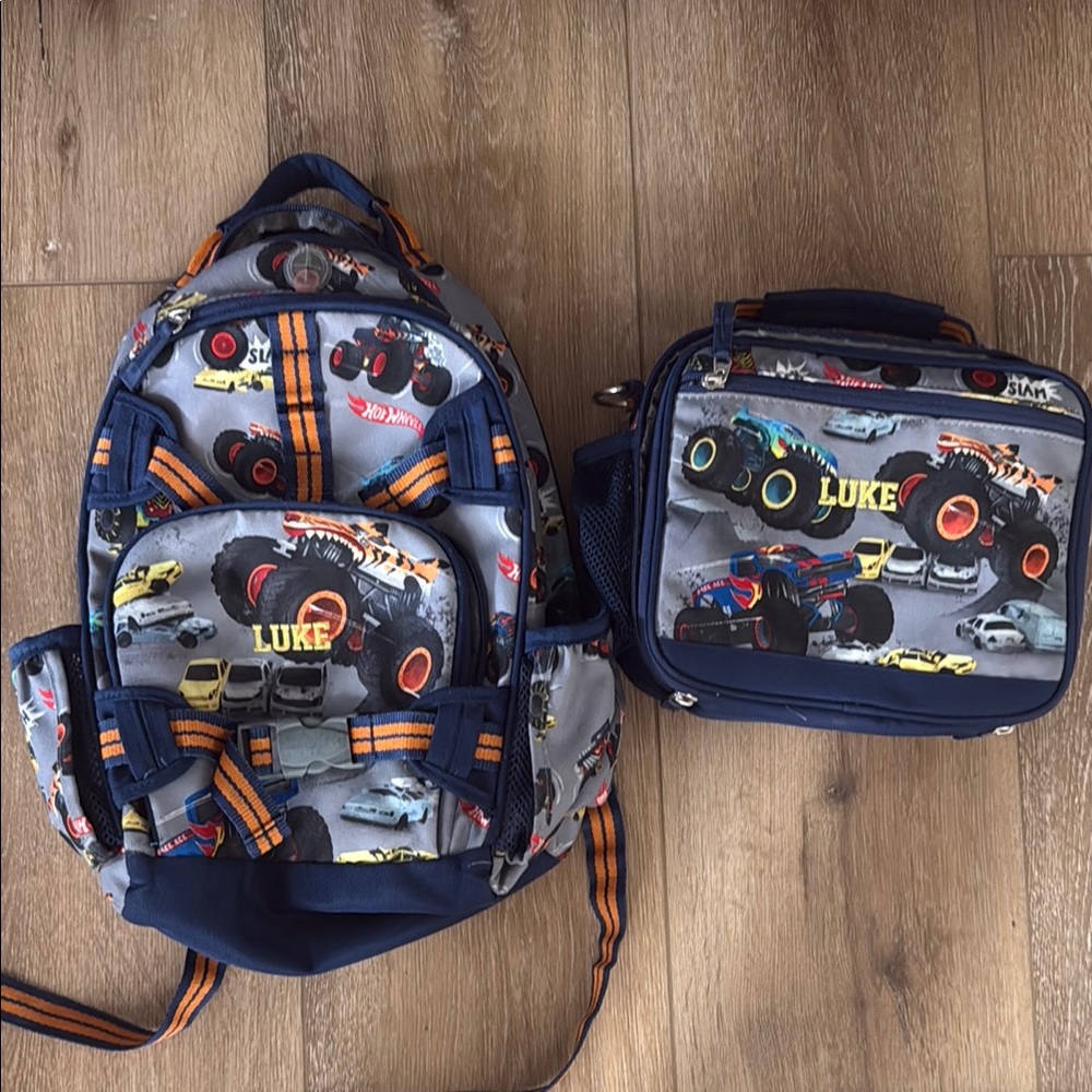 Pottery Barn Kids Blue and Orange Space-Themed Backpack and Lunch Bag Set